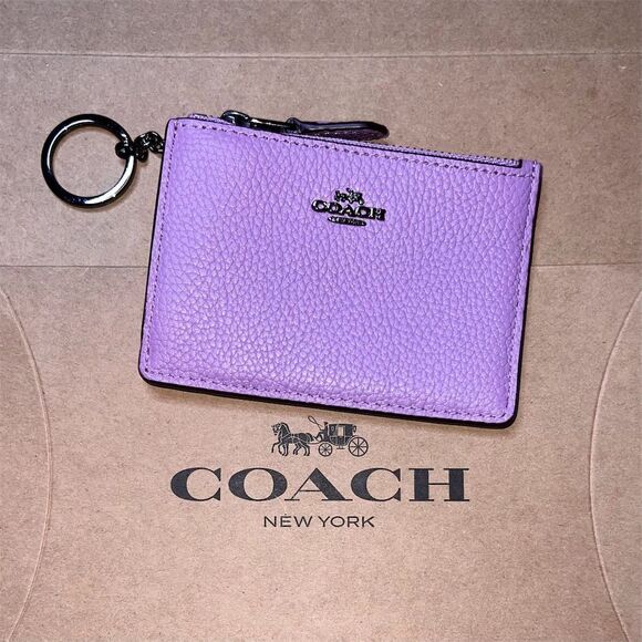 COACH Women's Mini Skinny ID Case Key Chain Wallet Purple Pebble Leather AUTHNTC - Picture 1 of 3